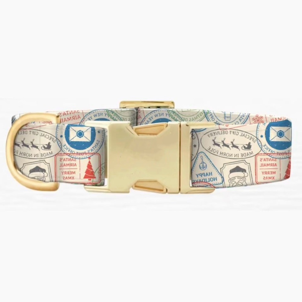 Christmas Dog Collar with North Pole-Themed Travel Postage Stamps (Medium)